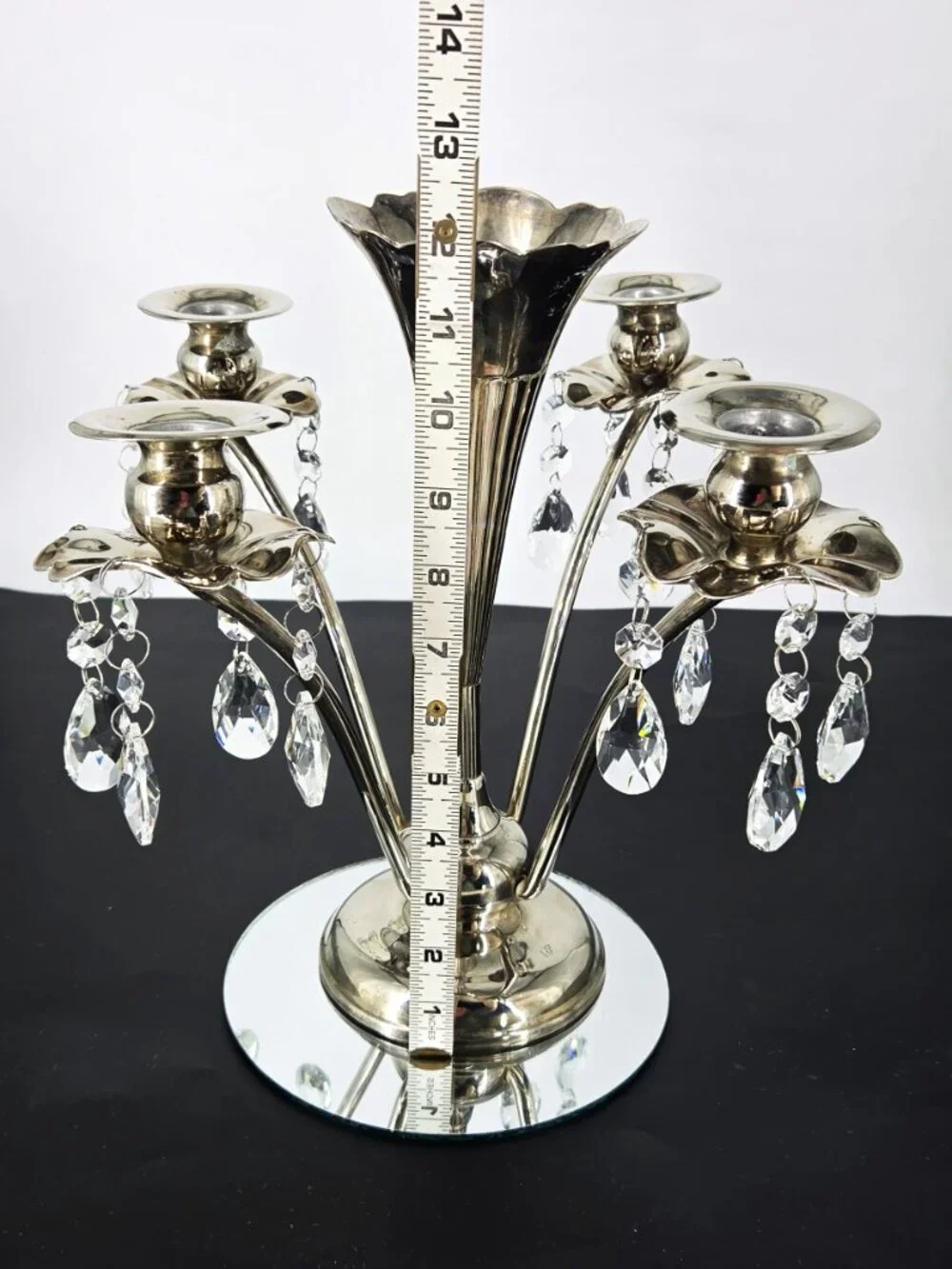 70s Silverplate Epergne 4 Arm Candelabra Trumpet Vase Crystals Japan Silversmith